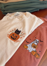 Load image into Gallery viewer, Spooky Cat in a Pumpkin Halloween T-shirt, Unisex & Embroidered