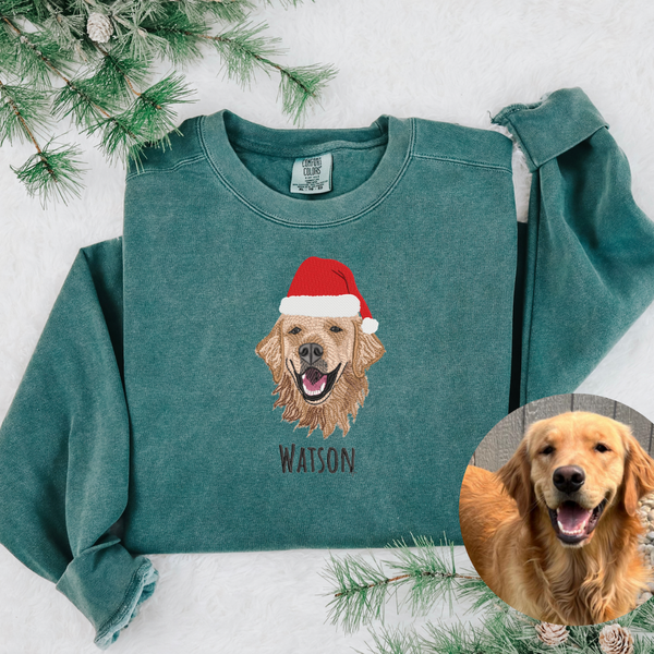 Custom Embroidered Pet Portrait Sweatshirt with Santa Hat for Christmas, Unisex