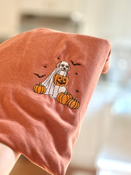 Spooky Dog Ghost Fall T-shirt, Unisex & Embroidered