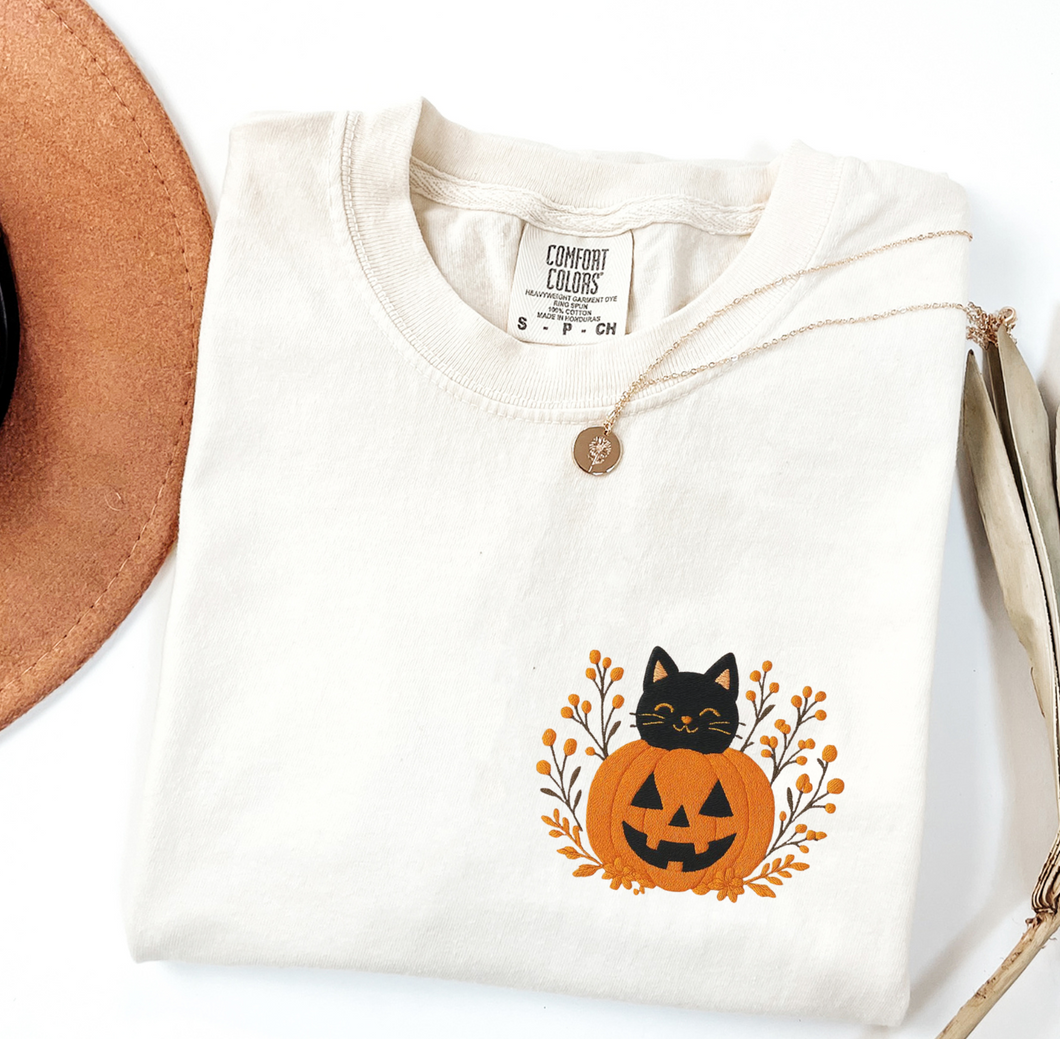 Spooky Cat in a Pumpkin Halloween T-shirt, Unisex & Embroidered