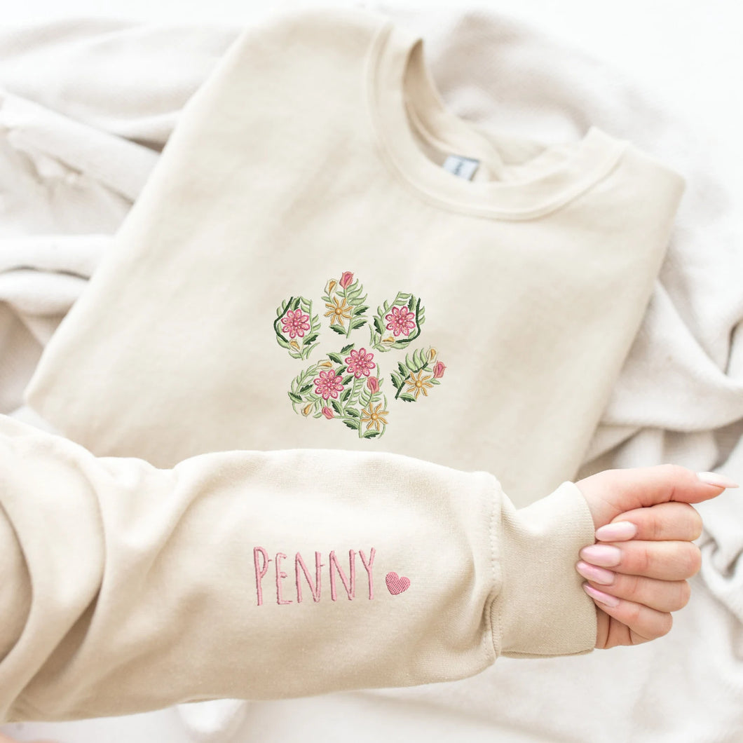 Custom Embroidered Paw Print Sweatshirt with Pet's Name on Sleeve