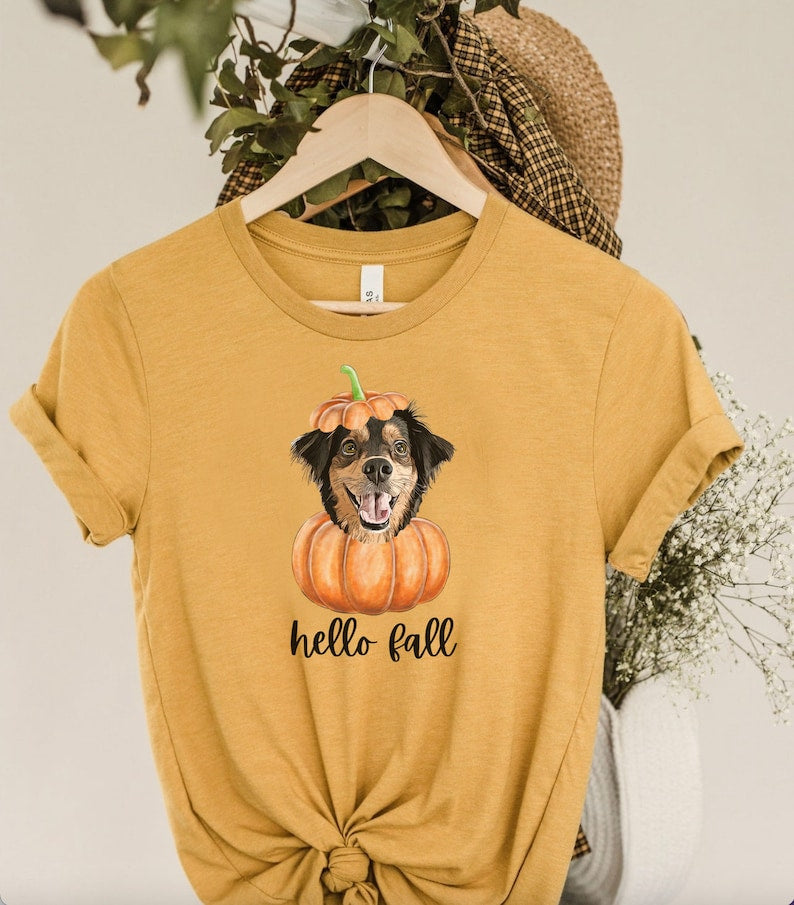 Personalized Dog Pumpkin Fall T-shirt, Pet Gifts, Funny Gift for Dog Mom, Custom Dog Portrait Autumn Shirt, Pet Pumpkin Face Shirt
