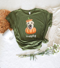 Load image into Gallery viewer, Personalized Dog Pumpkin Fall T-shirt, Pet Gifts, Funny Gift for Dog Mom, Custom Dog Portrait Autumn Shirt, Pet Pumpkin Face Shirt
